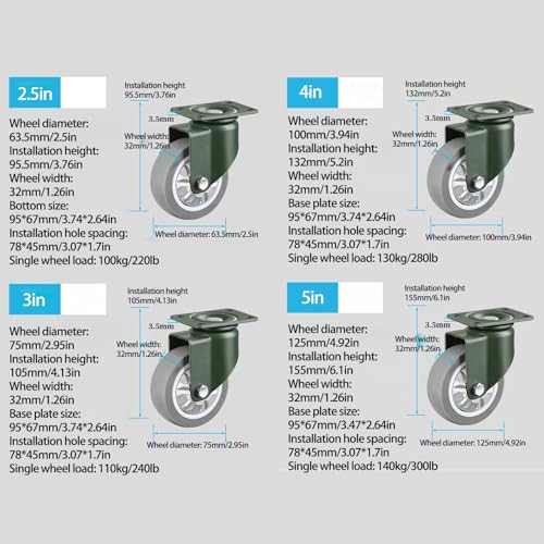 Heavy-Duty 3-Inch Swivel Caster Wheels For Furniture & Industrial Use Durable Steel Plate Bracket Locking Casters For Stable Mobility Ideal For Heavy Carts & Furniture Le,Braked And Swivel-5In