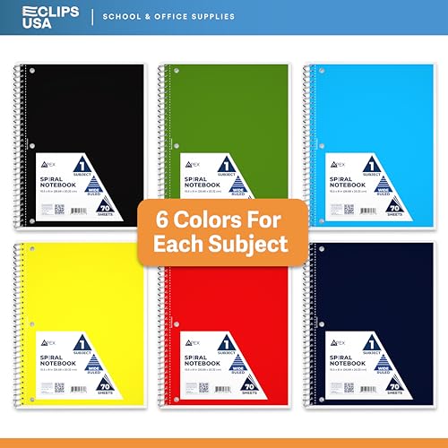 VEEBOOST Wide Ruled Spiral Notebooks Bulk Spiral Bound Notebooks for Work 1 Subject Notebook 6 Color Assortment 3 Hole Perforated 70 Sheets 140 pages 10.5" x 8" (48 pack)
