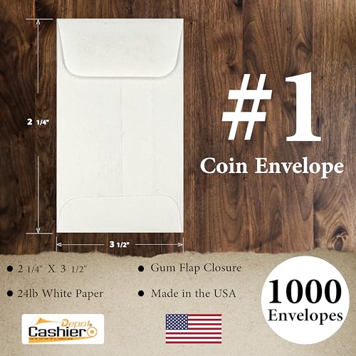 1000 Cashier Depot - #1 White Coin Envelopes, 2.25 x 3.5 Inches, 24 lb Paper, Gummed Flap Closure, for Coins, Small Parts, Seeds, 1000 Count