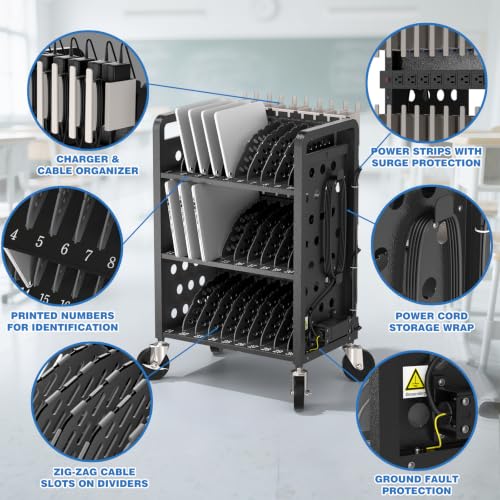 POCHAR 30 Devices Open Laptop Charging Cart for iPads, Tablets - Laptop & Tablet Storage Carts for Classroom, Office - Chromebook Charging Station Cart with Cable Management & Surge Protection