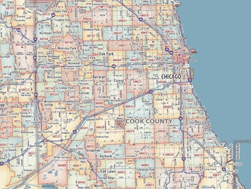Chicago Metro Area ZIP Code Laminated Wall Print (42” wide x 56” high)