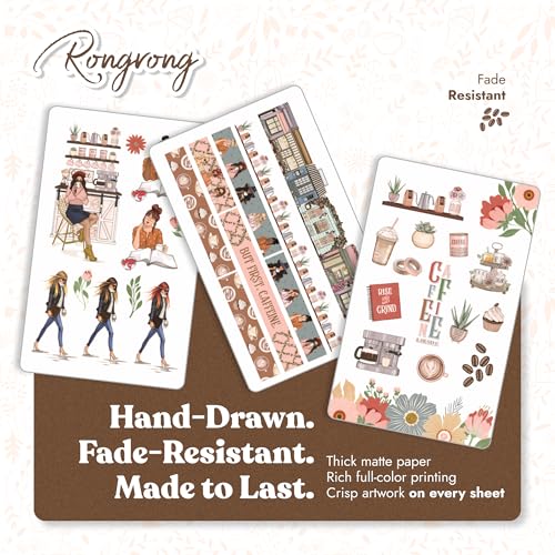 Rongrong Coffee Planner Stickers Book for Planners, Calendars, Journals and Projects – Premium Quality Hand Drawn Perfect for Caffeine Lovers – Scrapbook Accessories – 24 Sheets