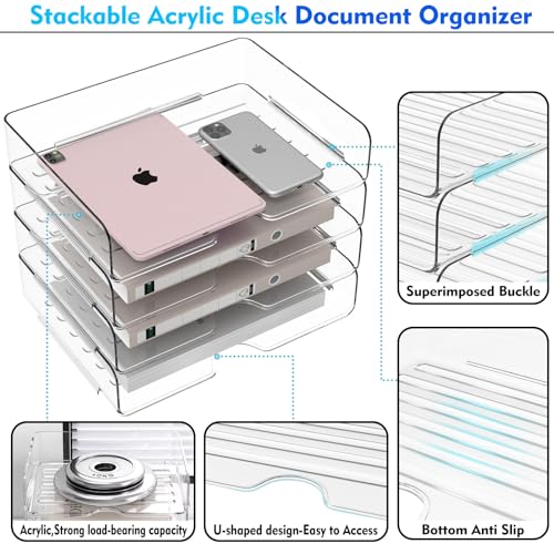 Paper Organizer Letter Tray, 4-Pack Acrylic File Organizer, Clear