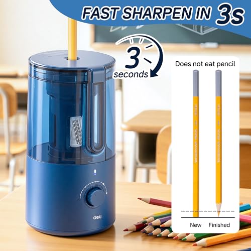 Deli Electric Pencil Sharpener, Fully Automatic Pencil Sharpener for 6.9-8mm No.2 & Colored Pencils, Auto in & Out, Rechargeable Hands-Free Sharpener for Classroom, Home, Office, Blue