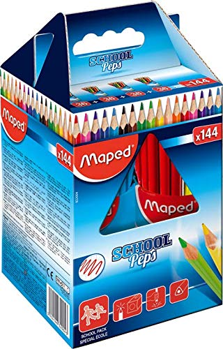 Maped - Color'Peps Coloured Pencils - Ergonomic Triangular Pencil in Bright Colours - Complies with Toy Regulations - School Set of 144 Wooden Pencils - 4 Pots
