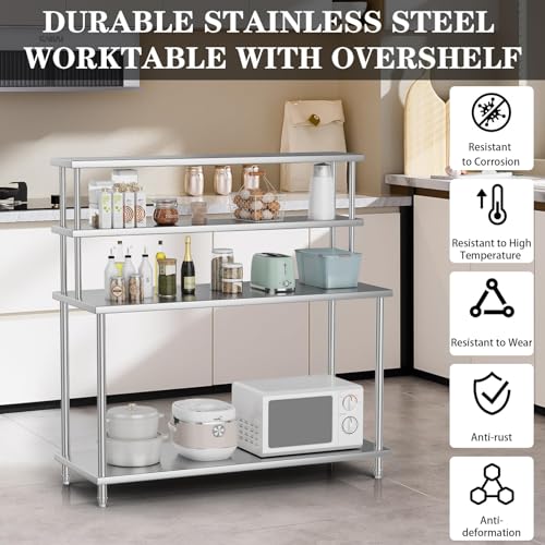 4-Tier Stainless Steel Laboratory Workbench - 60x24 Inch Heavy Duty Prep Table with Adjustable Overshelves - for Industrial, Scientific & Commercial Use, Easy to Clean, 60 * 23.6 * 55.1"
