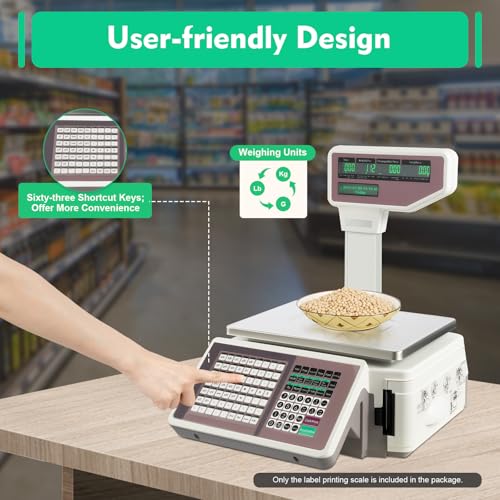 Label Printing Scale, 66lbs Commercial Electronic Computing Scale Digital Business cial Food Scale Price Calculator with Dual TD Thermal Label Printer & Barcode Stickers for Retail Outlet Store