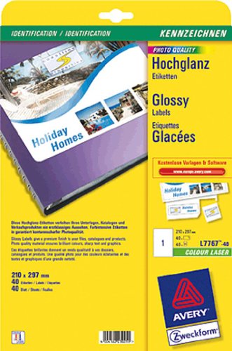 Avery Zweckform L7767-40 Labels with Special Coating 40 Sheets / 40 Labels / 210 x 297 mm White