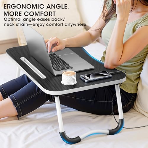 Frpufi Folding Lap Desk, 23.6 Inch Wood Laptop Bed Desk with Cup Holder, Portable Bed Table for Working Writing Reading & Eating for Bed, Sofa, Couch, Floor - Black