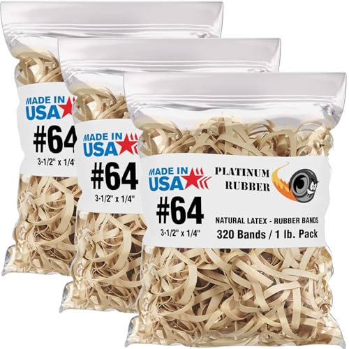 Platinum Rubber Bands Size 64, USA Office Supplies, Heavy Duty Elastic Bands, 3 1/2 x 1/4 Inch, 320 Bands per 1 lb Pound, 3 Pack or 25 Pack Bulk, Natural Tan Color, Large Rubberbands Made in America (3-PACK)