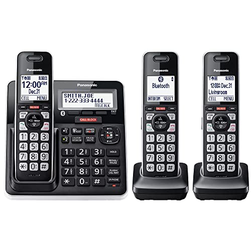 Panasonic Cordless Phone with Advanced Call Block, Link2Cell Bluetooth, One-Ring Scam Alert, and 2-Way Recording, Phone with Answering Machine, 3 Handsets - KX-TGF973B (Black/Silver Trim)