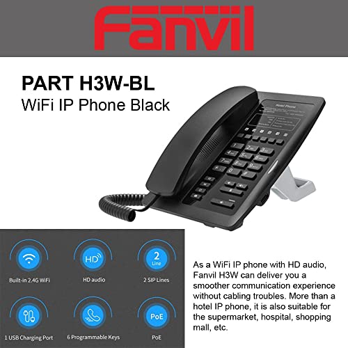 Fanvil H3W Wi-Fi IP Phone Black Wireless Built-in 2.4Ghz USB for Charging VoIP Phone Hotel/Hospital (Black)