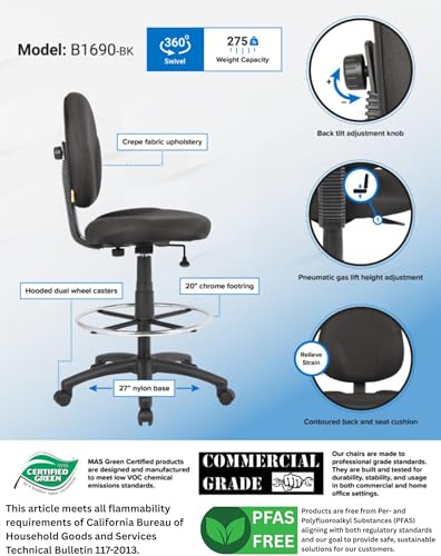 Scranton & Co Adjustable Fabric Drafting Stool, 26.5-31.5 in Seat Height, Black Finish, Contoured Back and Extra Large Cushion Seat, Pneumatic Height Adjustment, Office or Studio Seating