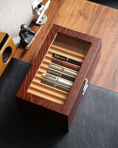 Besforu Wood Fountain Pen Case, 24 Slot Storage Organizer with Drawer, Glass Top Display Box for Collection