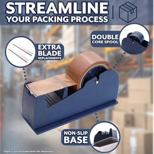 JDS 4 Pack Desktop Industrial Metal Tape Dispensers (8 Replacement Blades) - Pull and Tear Heavy-Duty Weighted Non-Skid Adhesive Roll Holder for Office, Home, School, Gift-Wrapping, and Craft Use
