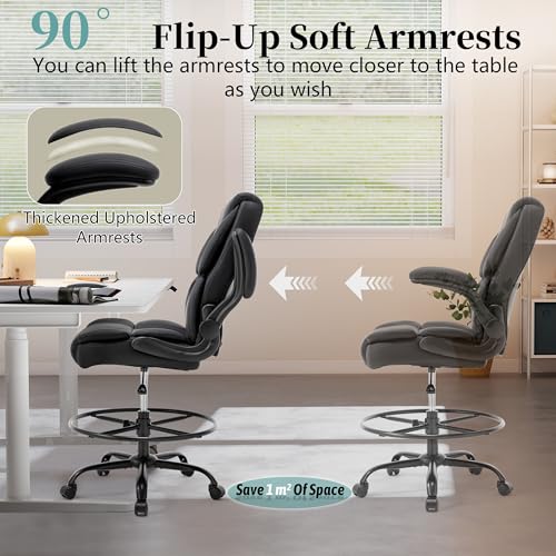 Ergonomic Drafting Chair, Tall Office Chair for Standing Desk, High Back Standing Desk Chair with Flip-Up Armrest, Adjustable Height&Foot Ring, Executive Extended Height Office Chairs,PU Leather Black