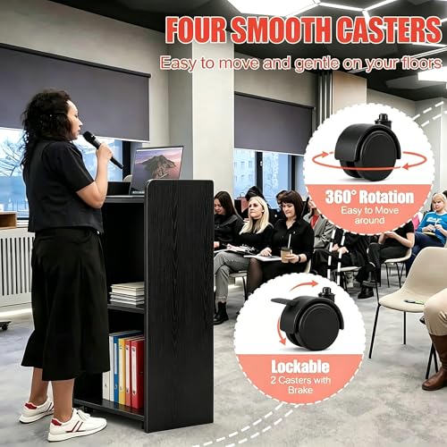 aboxoo Podium Stand - Portable Podium Stand with 4 Rolling Wheels, Pulpits for Churches with Adjustable Shelf, Hostess Stand, Mobile Teacher lecterns & podiums for Church, Classroom, Office (Black)
