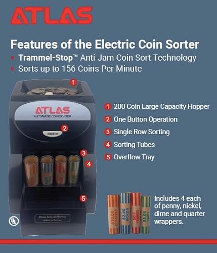 ATLAS Automatic Coin Sorter Includes 16 Preformed Coin Wrappers, AC-1QS