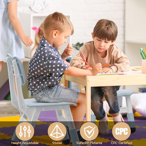 BouPower 2-Pack Adjustable Kids Chairs, 3-Level Height Plastic Toddler Chair with Non-Slip Base & Stackable Design, for Home School Classroom Daycare Indoor Outdoor Use, Ages 2-8, Grey