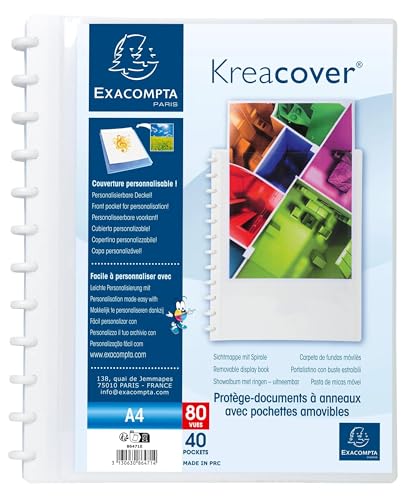 Exacompta - Ref 86471E - Box of 4 Removable Ring Binder with 40 Removable Grained Pockets - 80 Views - A4 - Size 24.5x31cm - Customizable Hard Cover Kreacover -White
