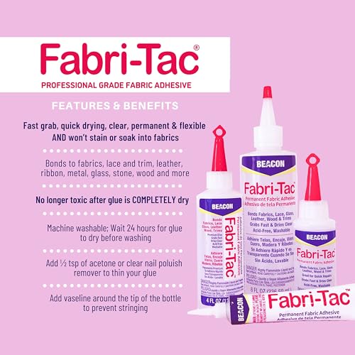 BEACON Fabri-Tac Premium Fabric Glue - Quick Drying, Crystal Clear, Permanent - for Fabrics, Canvas, Lace, Wood and More, 8-Ounce, 12-Pack