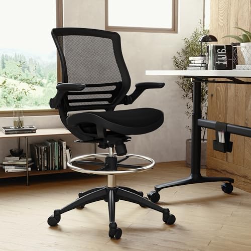 BizChair Mid-Back Transparent Black Mesh Drafting Chair with Black Frame and Flip-Up Arms