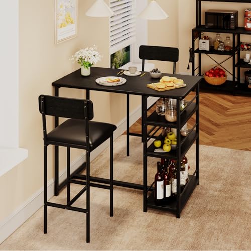Small Bar Table and Chairs Set of 2 with 3 Storage Shelves, 3-Piece Counter Height Wood Kitchen Dining Room Table Set with Sturdy Metal Frame Footrest, High Top Desk for Small Spaces, Breakfast Nook