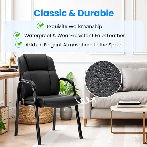 Simple Deluxe Waiting Room Leather Guest Chairs with Padded Arms, Comfy Stationary Reception Meeting Chair, Rest for Conference Side Office Home Desk Elderly Salon Clinic, 2 Pack