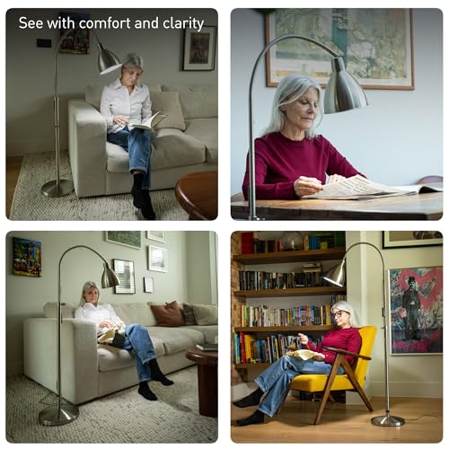 Daylight FlexiVision 2™ LED Floor Lamp – 3,500 Lux at 12", 5 Brightness Levels, 3 Color Temperatures, 95+ CRI, Adjustable Arm & Swivel Head, Anti-Tip Base, Low Vision Aid – Brushed Steel