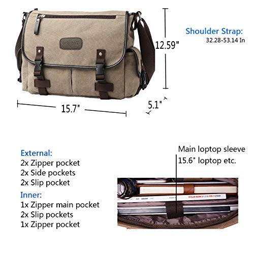 [Upgraded] Vintage Canvas Messenger Bag 13 15.6 17 inches Large Book Laptop Shoulder Bag Women Men New (Beige, X-Large)