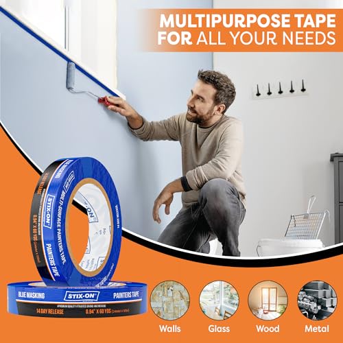 STIX-ON Painters Tape 1 inch Wide, 36 Roll Painting Tape, Blue Masking Tape for Painting Walls, DIY, Surface-Safe $ Residue-Free, Edge Paint, 0.94 Inch X 60 Yards X 36 Rolls, Bulk