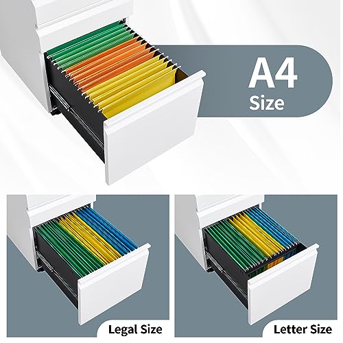 Approgreent Mobile File Cabinet for Home Office, Lockable 3 Drawer Filing Cabinet with Wheels for A4-Size/Letter-Size/Legal-Size, Fully Assembled Except Casters, White