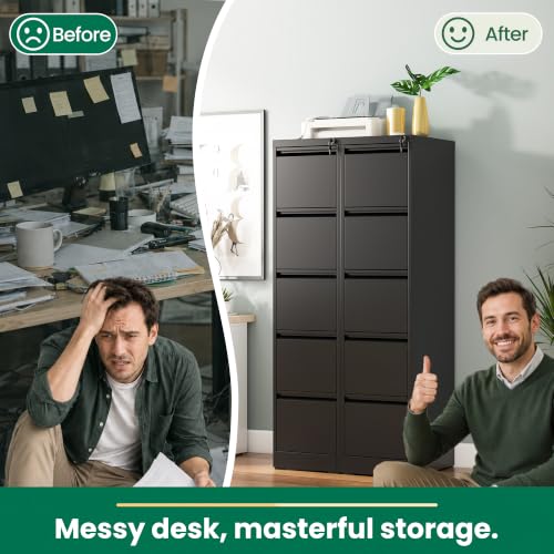 5 Drawer File Cabinet with Lock, Metal Vertical File Cabinets for Home Office, Office Furniture for Organization Hanging Legal/Letter/A4, Office File Cabinet Storage Cabinet, Require Assembly, Black