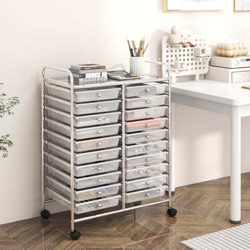 RELAX4LIFE 20 Drawer Rolling Storage Cart, Mobile Rolling Cart w/Drawers for School Classroom Teacher Office Home Salon, Paper File Art Supply Craft Organizer, Utility Cart on Wheels (Clear)