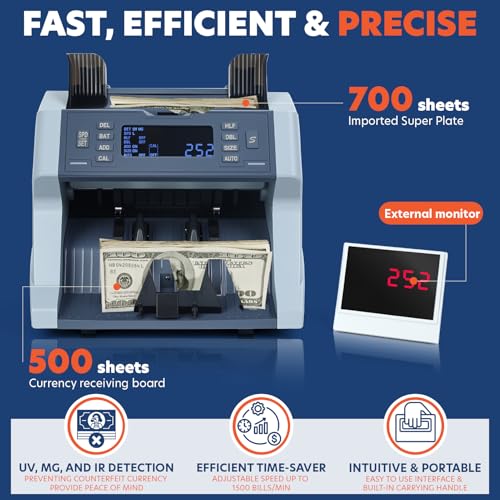 Usofrint Money Counter Machine, High-Speed Cash Counter Machine with UV/MG/IR Detection, 900/1200/1500 Bills/Min Counterfeit Bill Detector, for USD/CAD/MXN/GBP/EUR, LCD Display for Bank/Retail/Office