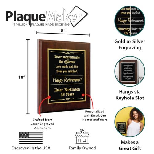 Personalized 8 x 10" Retirement Plaque - Never Underestimate the Difference you Made and The Lives yuo Touched. Happy Retirement - Include Name and Date or Company info. (Black with Silver)