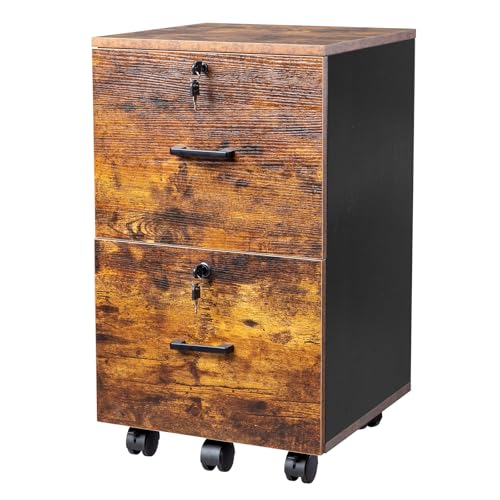 LOPUUFKJJ 2 Drawer Rolling Wood File Cabinet with Lock for Home Office Letter Size Filing Storage Mobile Brown Black