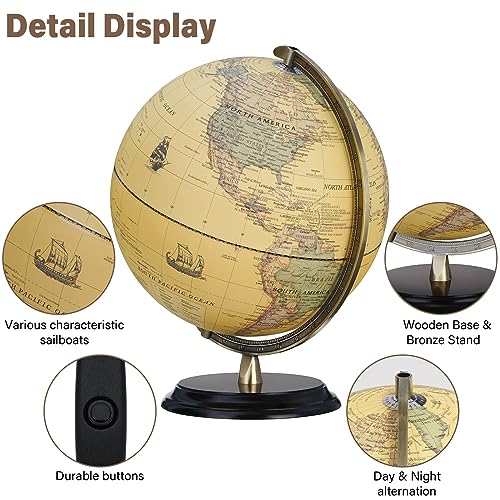 12'' Retro Illuminated World Globe with Wooden Stand, 2-1 Educ & Décor Antique Night Light up Globe Built in LED & HD Printed Map, Antique Illuminated Glob for Adults & Kids, Home Décor, Office