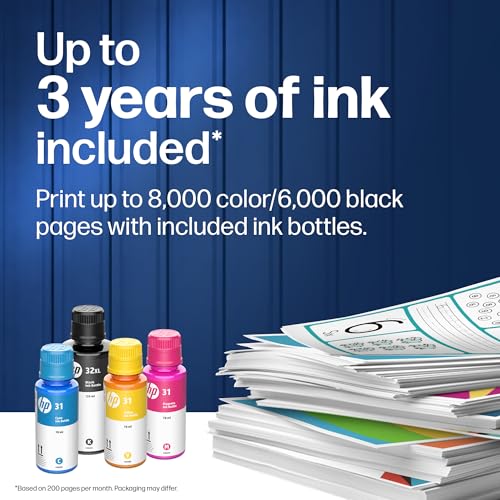 HP Smart Tank 7603 Wireless All-in-One Ink Tank Printer, Scanner, Fax, Copier with up to 3 Years of Ink Included, Best-for-Home Office, Cartridge-Free Refillable, AI-Capable (D34F7A)
