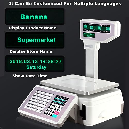 OGMOYT Electronics Label Printing Scale, Commercial Digital Price Label Printing Scale, Cash Register with Thermal Label Printer, Double-Sided LCD Display and Vertical Rod