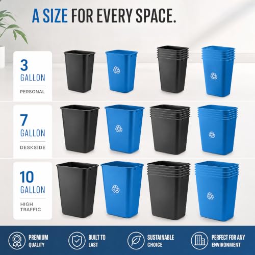 SunSierra 10 Pack, Recycle Wastebasket, 41 Qt./10 Gallon Rectangular Wastebasket/Trash Can Kit - Space Saving Recycling Bin, Narrow Spaces in Commercial, Kitchen, Home, Office, and Dorm - Black