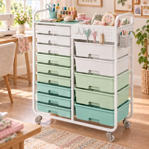 14 Drawer Rolling Storage Cart with Tabletop and Pegboard for Crafts Green