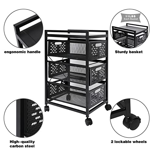 Office Vertical File Cabinet with 3 Drawers, Mesh Storage Drawer Cart with Lock on Wheels, Printer Stand Filing Cabinet for A4, Letter Sized Document with Durable Steel Construction, Black