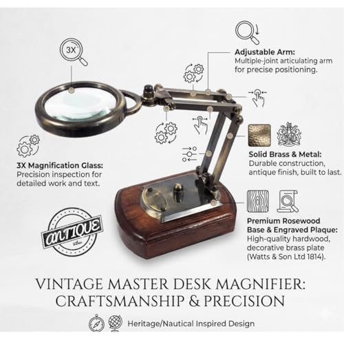 Victorian Antique Brass Magnifying Glass Desktop Decorative Gift Reading Movable Magnifier for Collectors