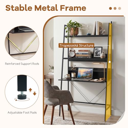 Tangkula 3-Tier Ladder Computer Desk, 71 Inch Modern Writing Desk with Storage Shelves, PC Laptop Workstation, Ladder Bookcase Stand Shelf with Metal Frame, Study Shelf Desk for Home Office (Black)