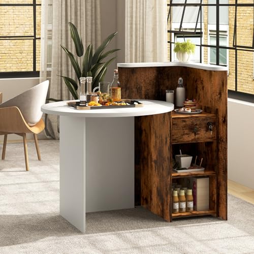 SILKYDRY Reception Desk, Small Retail Checkout Counter with Lockable Drawer and Open Shelves, Wooden Front Desk Reception Counter, Oval Desktop & L Counter for Store Office Lobby Salon (Brown)