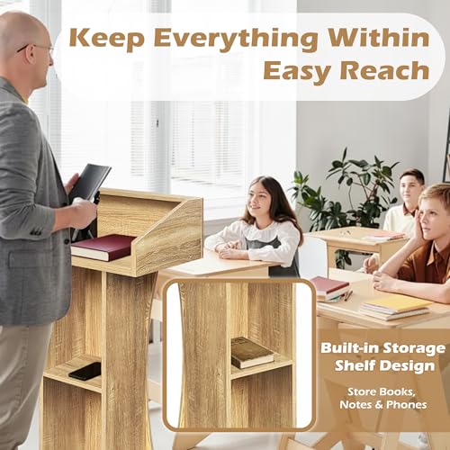 VERSSURE Podium Stand with Lockable Wheels,47"H Wooden Podium for Classroom, Mobile Pulpit Lectern with 3 Storage Shelves for Church, Office,Conference Room (White Oak)