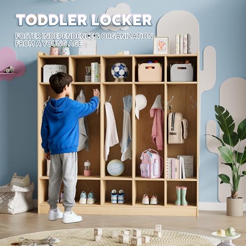 LALFPET 5-Section Wooden Kids Coat Locker with 10 Cubbies & 10 Hooks - Durable Study Area Cubby Storage Organizer for Home, Nursery, Kindergarten - Child-Friendly - Color: Wood Color