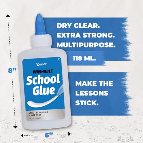 Darice Washable School Glue 4oz - 48 -Pack White Liquid Glues for Kids - Extra-Strong Great for Slime, Arts and Crafts - Back to School Supplies Glue Bottle with Adjustable Twist Closure