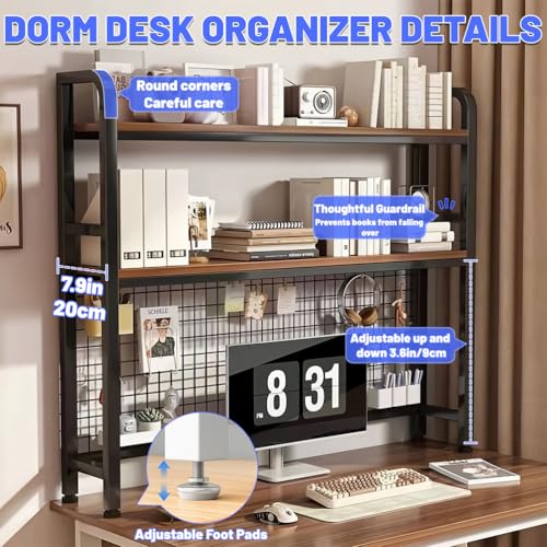 Desktop Bookshelf for Computer Desk, 1~2-Tier Multipurpose Wood Hutch Bookcase Organizer, Countertop Storage Hutch with Grid Panel, Desk Shelves for Office Home Dorm,White 2tier 21in